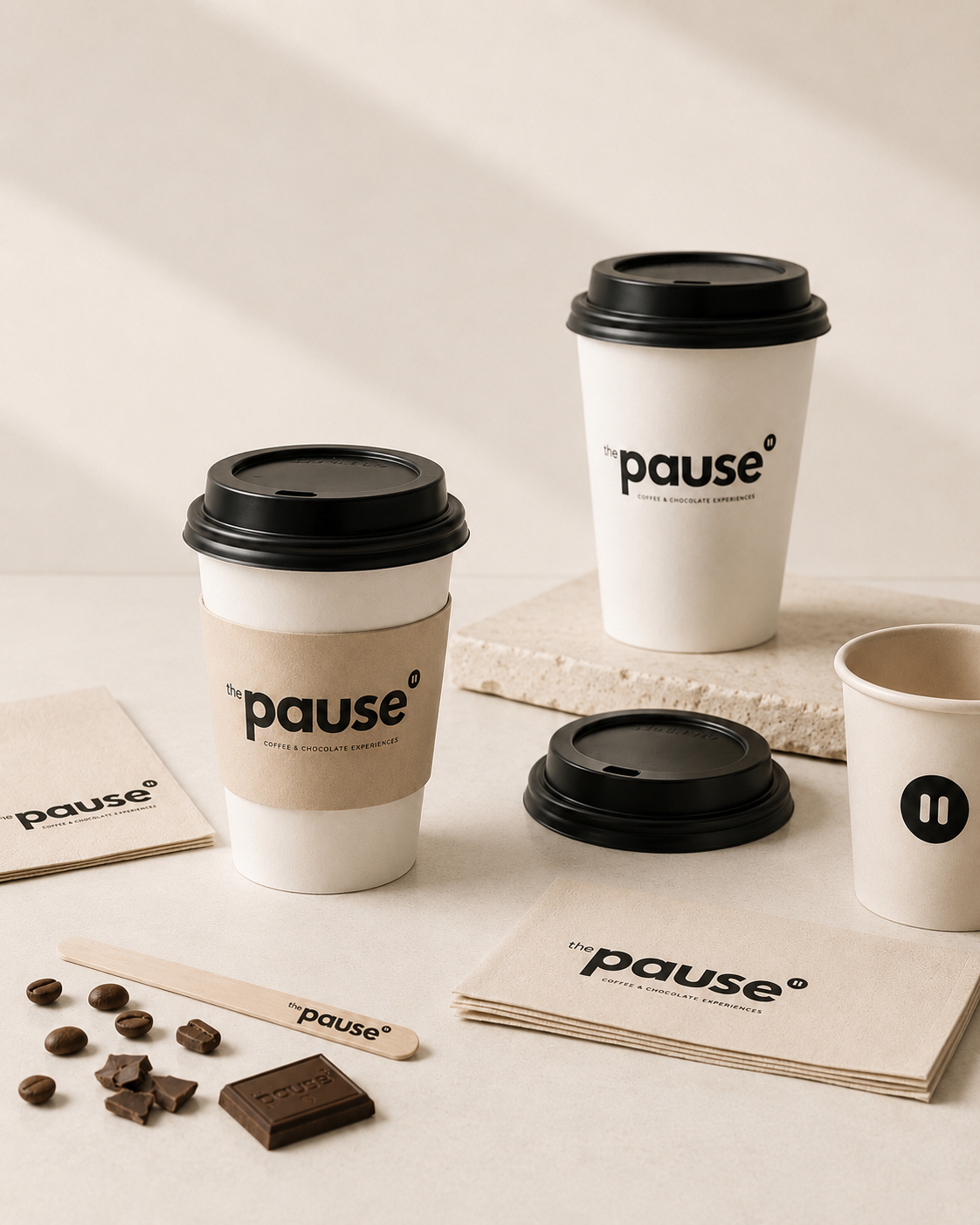 The Pause branded cups and artisan chocolate