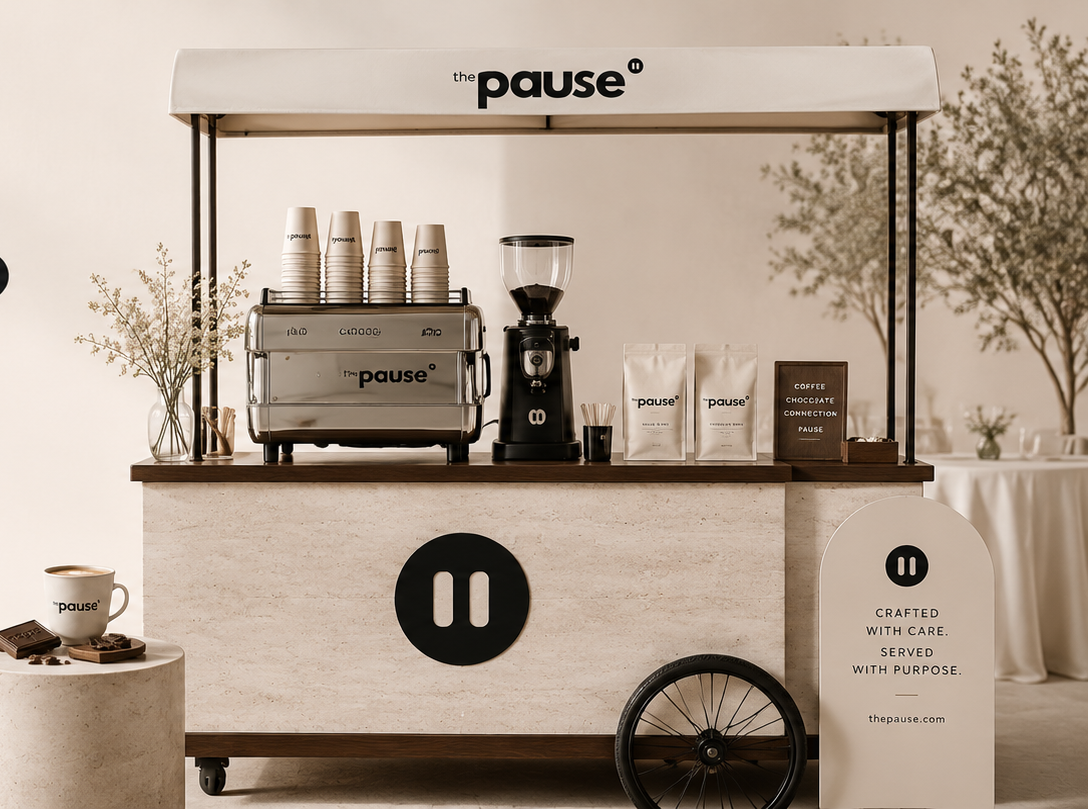 The Pause mobile espresso cart, styled for an event